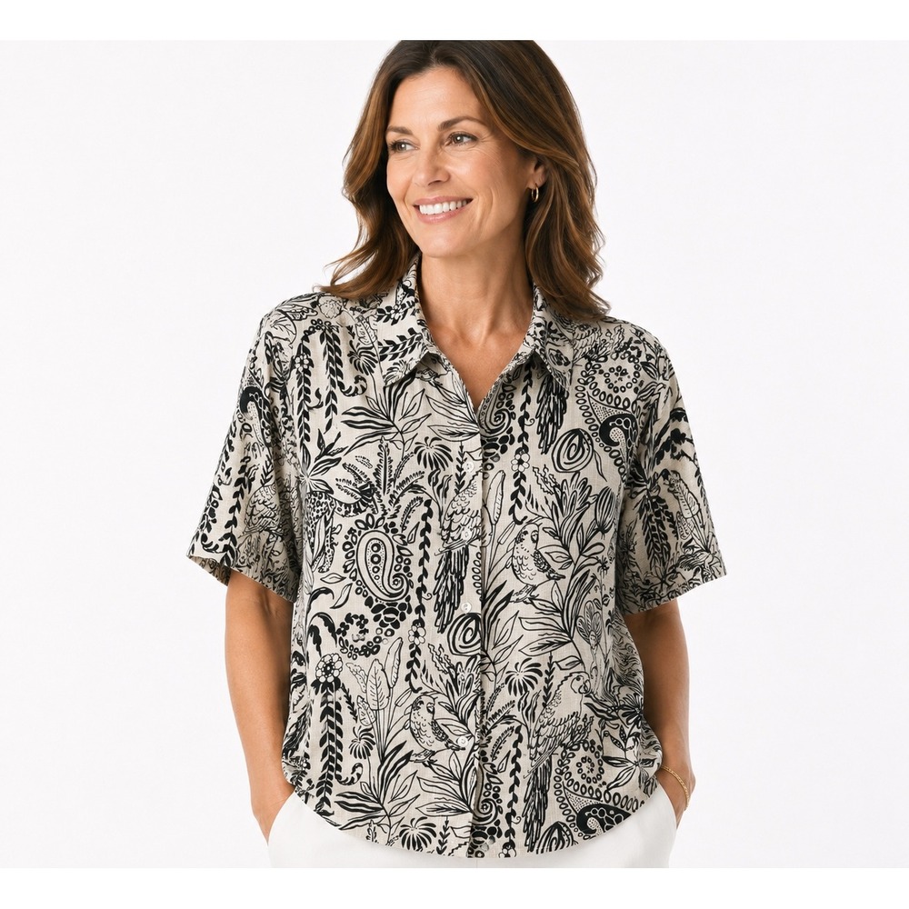 Jane + Delancey Womens Medium Black White Jungle Parrot Linen Blend Button Shirt